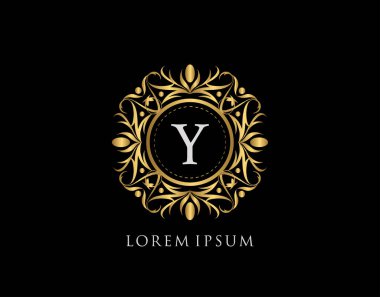 Altın Rozet Y Harfi Logosu. Şatafatlı kaligrafik klasik amblem ve güzel bir çiçek süsü. Klasik Çerçeve Tasarımı Vektör illüstrasyonu.