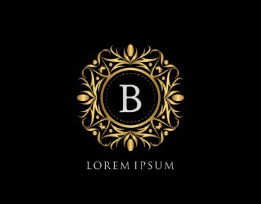 Altın Rozet B Harfi Logosu. Şatafatlı kaligrafik klasik amblem ve güzel bir çiçek süsü. Klasik Çerçeve Tasarımı Vektör illüstrasyonu.