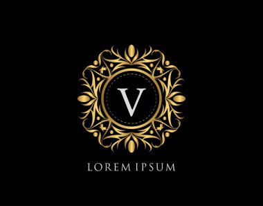 Altın Rozet V Harf Logosu. Şatafatlı kaligrafik klasik amblem ve güzel bir çiçek süsü. Klasik Çerçeve Tasarımı Vektör illüstrasyonu.