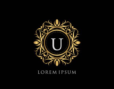 Altın Rozet, Mektup Logosu. Şatafatlı kaligrafik klasik amblem ve güzel bir çiçek süsü. Klasik Çerçeve Tasarımı Vektör illüstrasyonu.