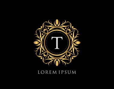 Altın Rozet T Mektup Logosu. Şatafatlı kaligrafik klasik amblem ve güzel bir çiçek süsü. Klasik Çerçeve Tasarımı Vektör illüstrasyonu.