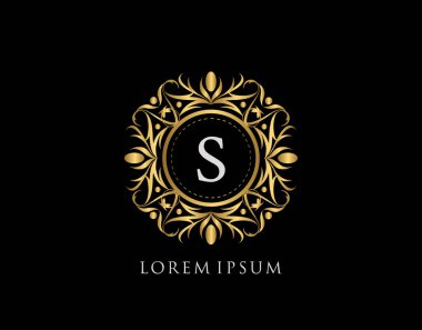 Altın Rozet S Harfi Logosu. Şatafatlı kaligrafik klasik amblem ve güzel bir çiçek süsü. Klasik Çerçeve Tasarımı Vektör illüstrasyonu.