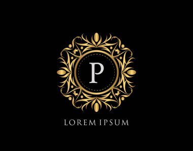Altın Rozet P Harfi Logosu. Şatafatlı kaligrafik klasik amblem ve güzel bir çiçek süsü. Klasik Çerçeve Tasarımı Vektör illüstrasyonu.