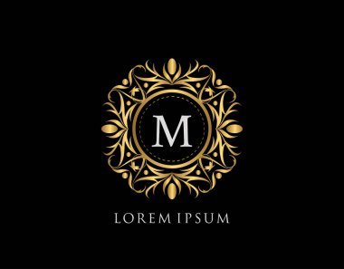Altın Rozet M Harfi Logosu. Şatafatlı kaligrafik klasik amblem ve güzel bir çiçek süsü. Klasik Çerçeve Tasarımı Vektör illüstrasyonu.