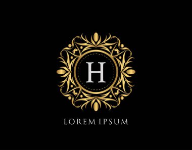 Altın Rozet H Harfi Logosu. Şatafatlı kaligrafik klasik amblem ve güzel bir çiçek süsü. Klasik Çerçeve Tasarımı Vektör illüstrasyonu.