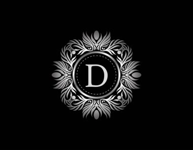 Lüks Gümüş Rozet D Harfi Logosu. Şatafatlı kaligrafik klasik amblem ve güzel bir çiçek süsü. Klasik Heraldic Frame tasarım Vektörü illüstrasyonu.