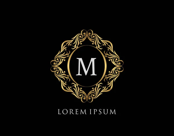 Lüks Rozet M Mektup Logosu. Şatafatlı altın kaligrafi klasik amblemi ve güzel bir çiçek süsü. Zarif Çerçeve Tasarım Vektörü illüstrasyonu.