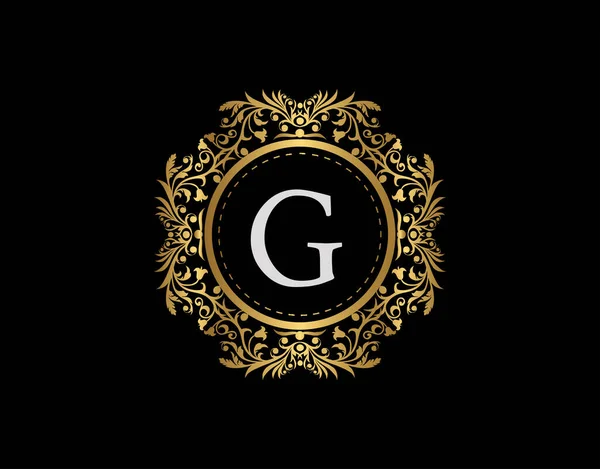 Lüks Rozet G harfi logosu. Güzel bir çiçek süsüyle süslü altın kaligrafi amblemi. Klas Çerçeve Tasarım Vektörü illüstrasyonu.