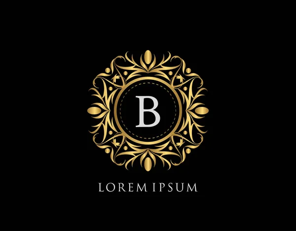 Altın Rozet B Harfi Logosu. Şatafatlı kaligrafik klasik amblem ve güzel bir çiçek süsü. Klasik Çerçeve Tasarımı Vektör illüstrasyonu.