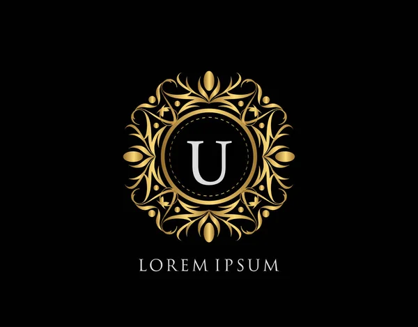 Altın Rozet, Mektup Logosu. Şatafatlı kaligrafik klasik amblem ve güzel bir çiçek süsü. Klasik Çerçeve Tasarımı Vektör illüstrasyonu.