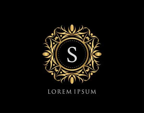 Altın Rozet S Harfi Logosu. Şatafatlı kaligrafik klasik amblem ve güzel bir çiçek süsü. Klasik Çerçeve Tasarımı Vektör illüstrasyonu.