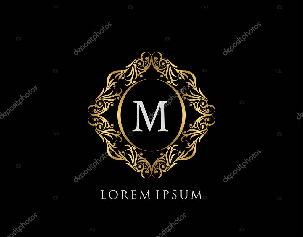 Luxury Badge M Letter Logo. Luxury gold calligraphic vintage emblem with beautiful classy floral ornament. Elegant Frame design Vector illustration.