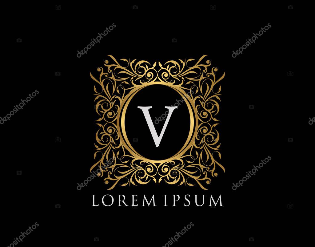 Luxury Badge Letter V Logo. Luxury gold calligraphic vintage emblem with beautiful classy floral ornament. Classy Frame design Vector illustration.