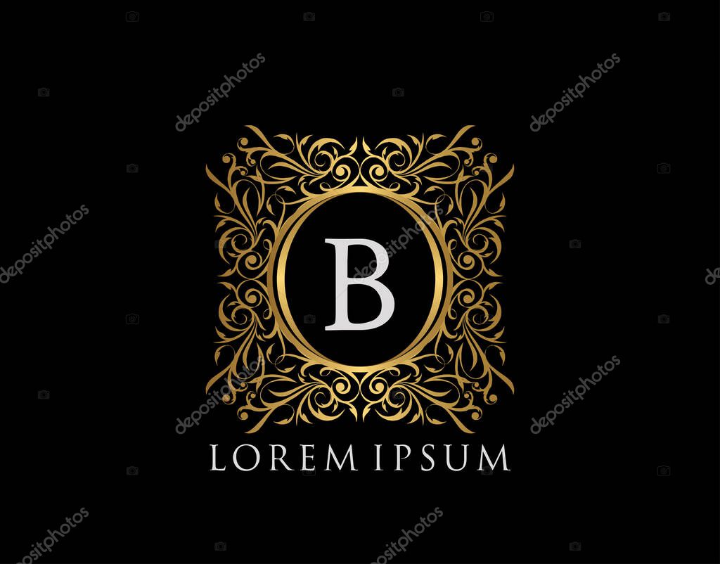 Luxury Badge Letter B Logo. Luxury gold calligraphic vintage emblem with beautiful classy floral ornament. Classy Frame design Vector illustration.