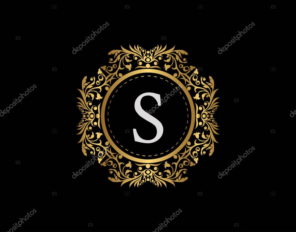 Luxury Badge Letter S Logo. Luxury gold calligraphic emblem with beautiful classic floral ornament. Classy Frame design Vector illustration.