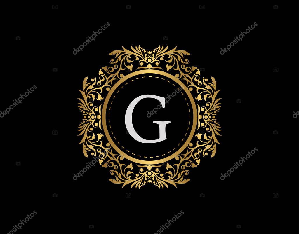 Luxury Badge Letter G Logo. Luxury gold calligraphic emblem with beautiful classic floral ornament. Classy Frame design Vector illustration.