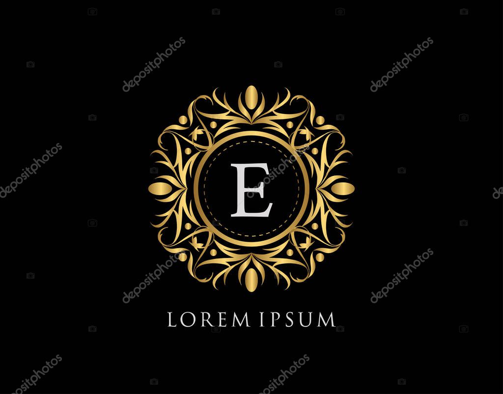 Gold Badge E Letter Logo. Luxury calligraphic vintage emblem with beautiful classy floral ornament. Vintage Frame design Vector illustration.