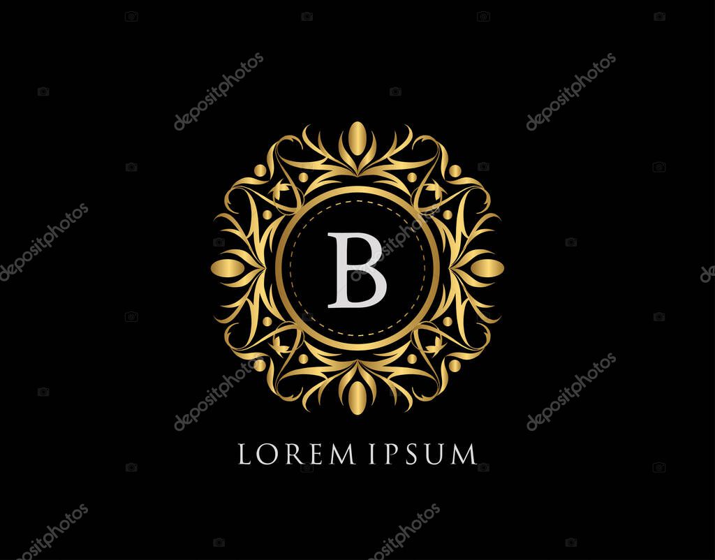 Gold Badge B Letter Logo. Luxury calligraphic vintage emblem with beautiful classy floral ornament. Vintage Frame design Vector illustration.