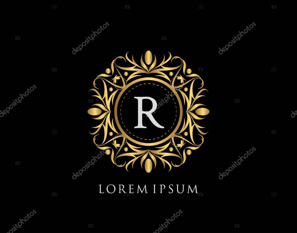 Gold Badge R Letter Logo. Luxury calligraphic vintage emblem with beautiful classy floral ornament. Vintage Frame design Vector illustration.