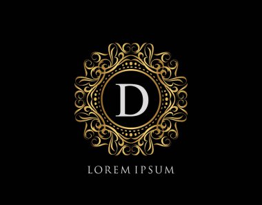 D harfi dizaynlı kaligrafik rozet. Süslü lüks altın logo tasarımı vektör çizimi.
