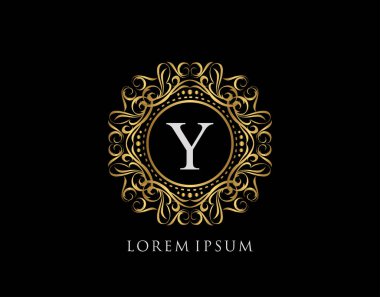 Y harfi dizaynlı kaligrafik rozet. Süslü lüks altın logo tasarımı vektör çizimi.