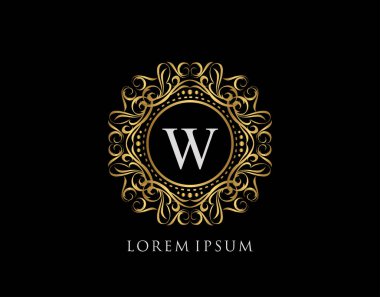 W harfi dizaynlı kaligrafik rozet. Süslü lüks altın logo tasarımı vektör çizimi.