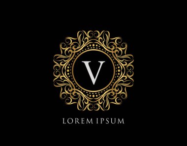 V harfi dizaynlı kaligrafik rozet. Süslü lüks altın logo tasarımı vektör çizimi.