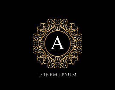 A Harfi Tasarımlı Kaligrafi Rozeti. Süslü lüks altın logo tasarımı vektör çizimi.