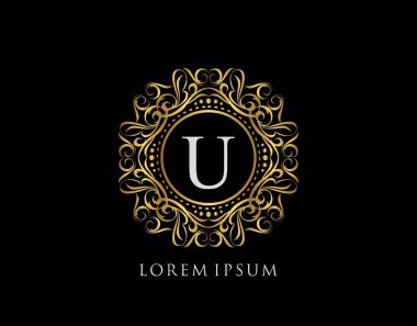 U harfli kaligrafik rozet. Süslü lüks altın logo tasarımı vektör çizimi.