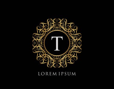 T harfi dizaynlı kaligrafik rozet. Süslü lüks altın logo tasarımı vektör çizimi.