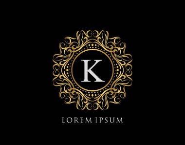 K harfli Kaligrafik Rozet. Süslü lüks altın logo tasarımı vektör çizimi.