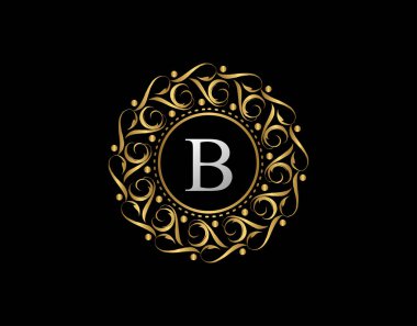 B harfli Altın Kaligrafi Rozeti. Süslü lüks altın logo tasarımı vektör çizimi.