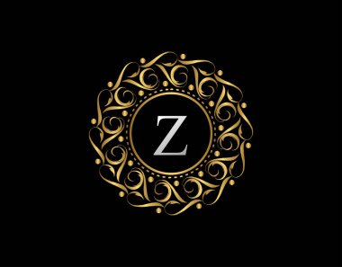 Z harfli Altın Kaligrafi Rozeti. Süslü lüks altın logo tasarımı vektör çizimi.