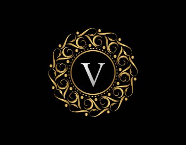 V harfli Altın Kaligrafi Rozeti. Süslü lüks altın logo tasarımı vektör çizimi.