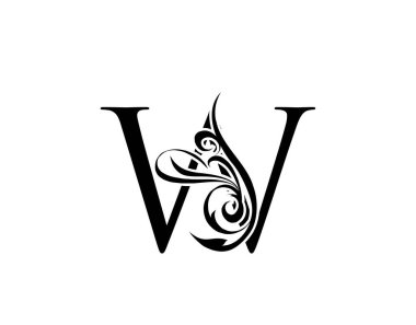 Zarif harf W. Zarif kraliyet tarzı. Hat sanatları logosu. Kitap tasarımı için klasik amblem, marka adı, mühür, restoran, butik, otel.  