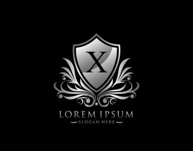 Lüks Kalkan X Harf Logosu. Zarif Gümüş Kalkan ikonu tasarımı.  