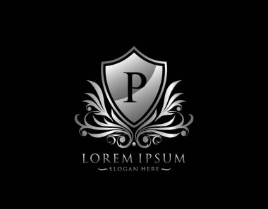 Lüks Kalkan P Mektup Logosu. Zarif Gümüş Kalkan ikonu tasarımı.  