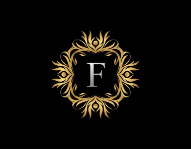 Kaligrafi Rozeti F Harfi Logosu. Şatafatlı altın rengi bir amblem ve güzel bir çiçek süsü. Klasik Çerçeve Tasarımı Vektör illüstrasyonu.