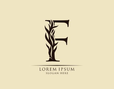 Kaligrafi F Harfi. Zarif kraliyet tarzı. Hat sanatları logosu. Kitap tasarımı için klasik amblem, marka adı, mühür, restoran, butik, otel.  