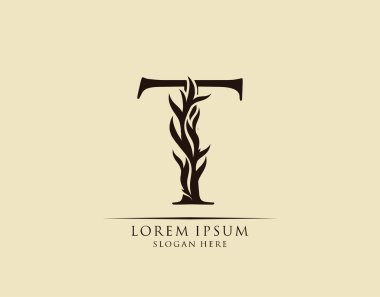 Kaligrafi T Harfi. Zarif kraliyet tarzı. Hat sanatları logosu. Kitap tasarımı için klasik amblem, marka adı, mühür, restoran, butik, otel.  