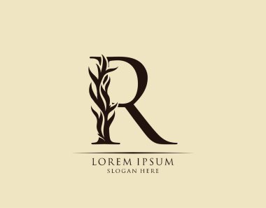 Kaligrafi R Harfi. Zarif kraliyet tarzı. Hat sanatları logosu. Kitap tasarımı için klasik amblem, marka adı, mühür, restoran, butik, otel.  