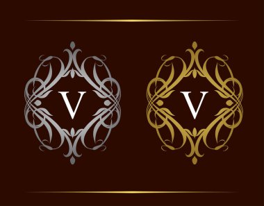 Kraliyet Rozeti V Harf Logosu. Şatafatlı klasik amblem ve güzel bir çiçek süsü. Klasik Çerçeve Tasarımı Vektör illüstrasyonu.
