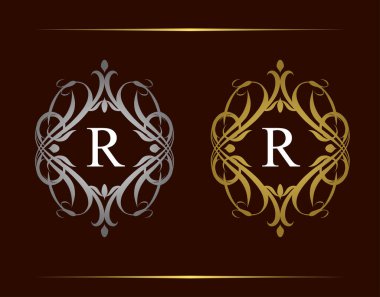 Kraliyet Rozeti R Harfi Logosu. Şatafatlı klasik amblem ve güzel bir çiçek süsü. Klasik Çerçeve Tasarımı Vektör illüstrasyonu.