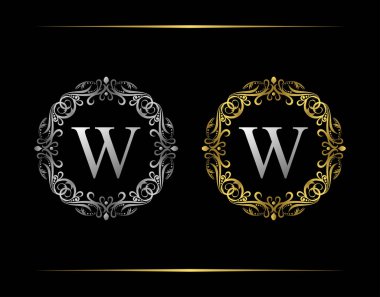Zarif Rozet W Harfi Logosu. Zarif çiçek süsüyle süslü lüks bir amblem. Klasik Çerçeve Tasarımı Vektör illüstrasyonu.