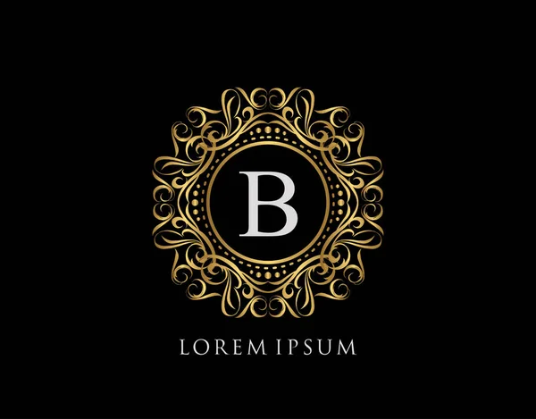 B Harfi Tasarımı Kaligrafik Rozet. Süslü lüks altın logo tasarımı vektör çizimi.