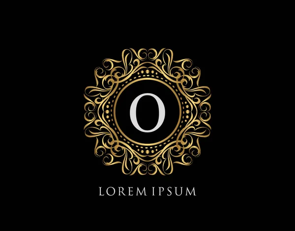 O Tasarım Harfi ile Kaligrafi Rozeti. Süslü lüks altın logo tasarımı vektör çizimi.