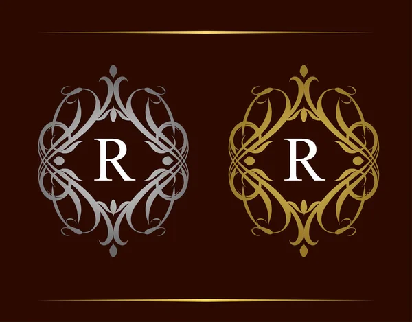 Kraliyet Rozeti R Harfi Logosu. Şatafatlı klasik amblem ve güzel bir çiçek süsü. Klasik Çerçeve Tasarımı Vektör illüstrasyonu.