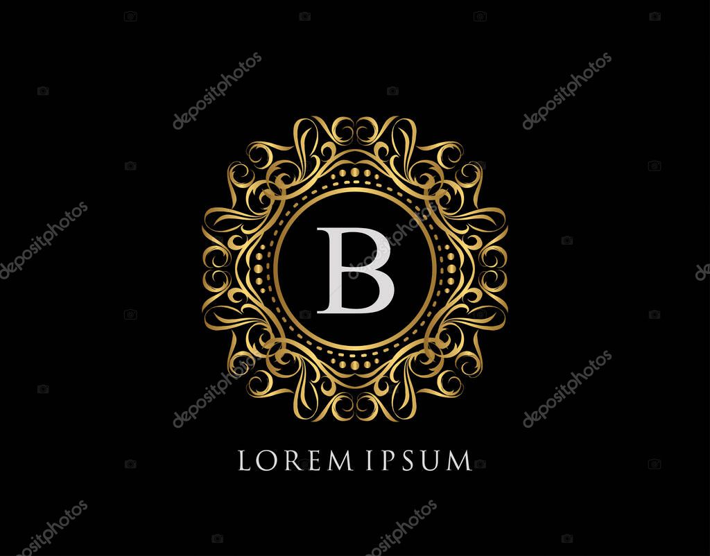 Calligraphic Badge with Letter B Design. Ornamental luxury golden logo design vector illustration.