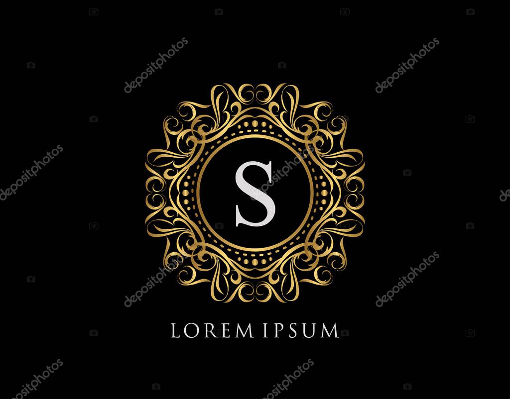 Calligraphic Badge with Letter S Design. Ornamental luxury golden logo design vector illustration.