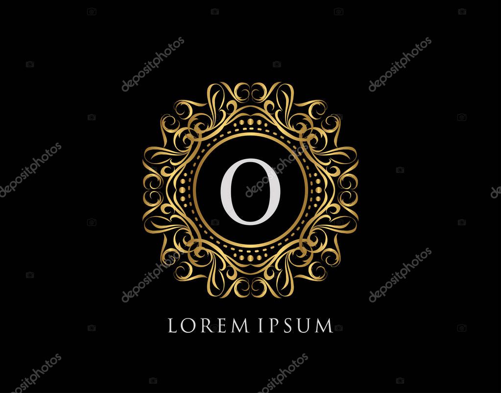 Calligraphic Badge with Letter O Design. Ornamental luxury golden logo design vector illustration.